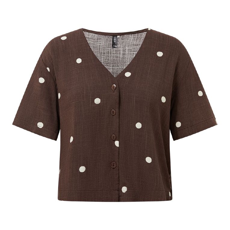 H&H Women's Deep V Neck Short Sleeve Shirt, Brown Dark, hi-res