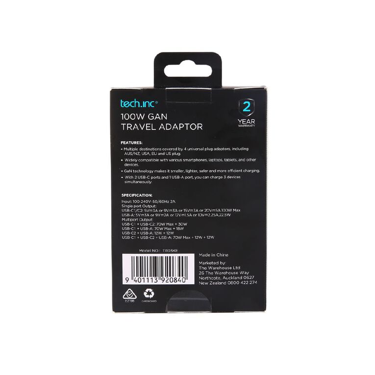 Tech.Inc 100W 2 Port USB C + USB A Gan Charger With Adaptor TI103KE, , hi-res