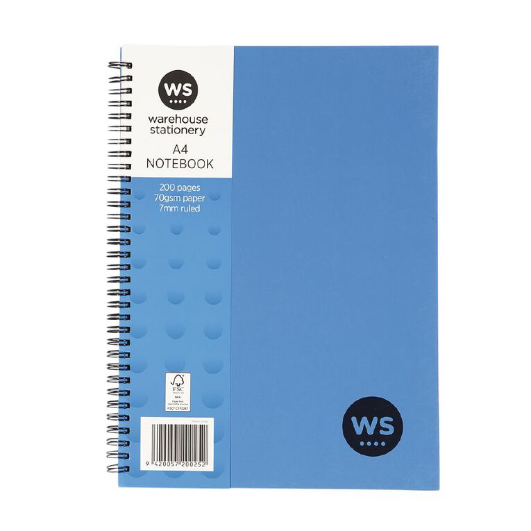 WS Wiro Hard Back Notebook 200 Pages Blue Mid A4, , hi-res