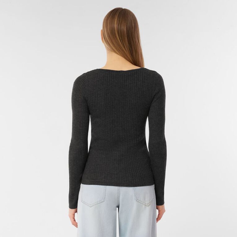 H&H Women's Merino Blend Rib Crew Knit, Charcoal/Marle, hi-res