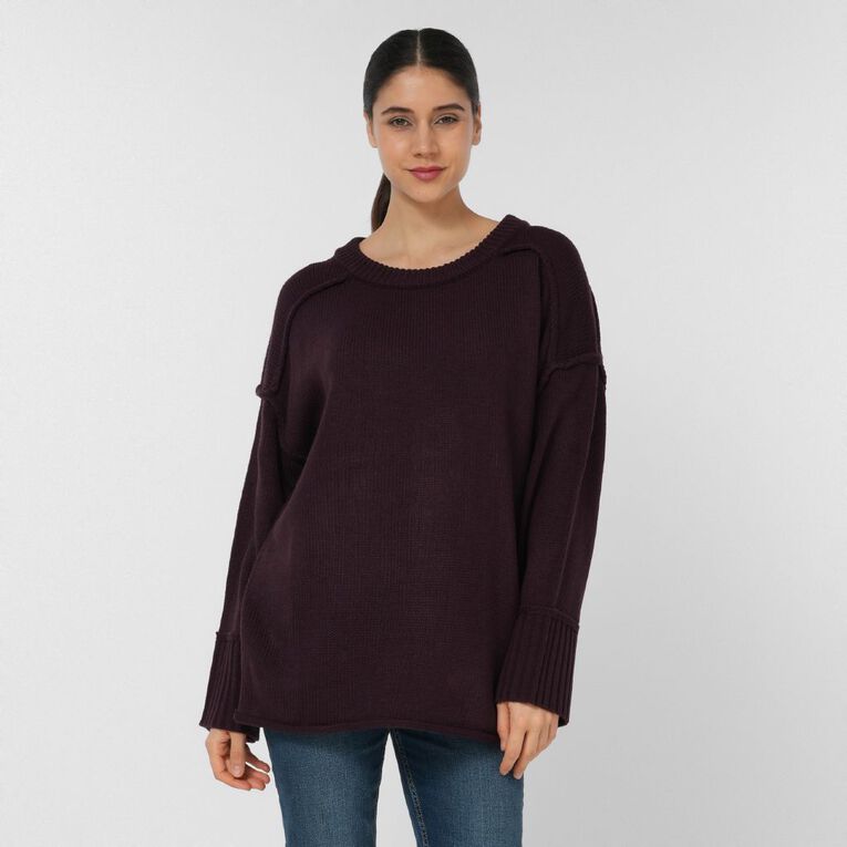 H&H Women's Long Chunky Knit With Contrast Stitch, Purple Dark, hi-res