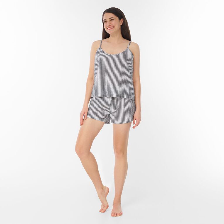 H&H Women's Seersucker Cami & Short Pyjama Set, Blue Dark, hi-res