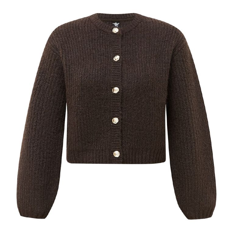 H&H Women's Fluffy Knit Cardigan, Brown Dark, hi-res