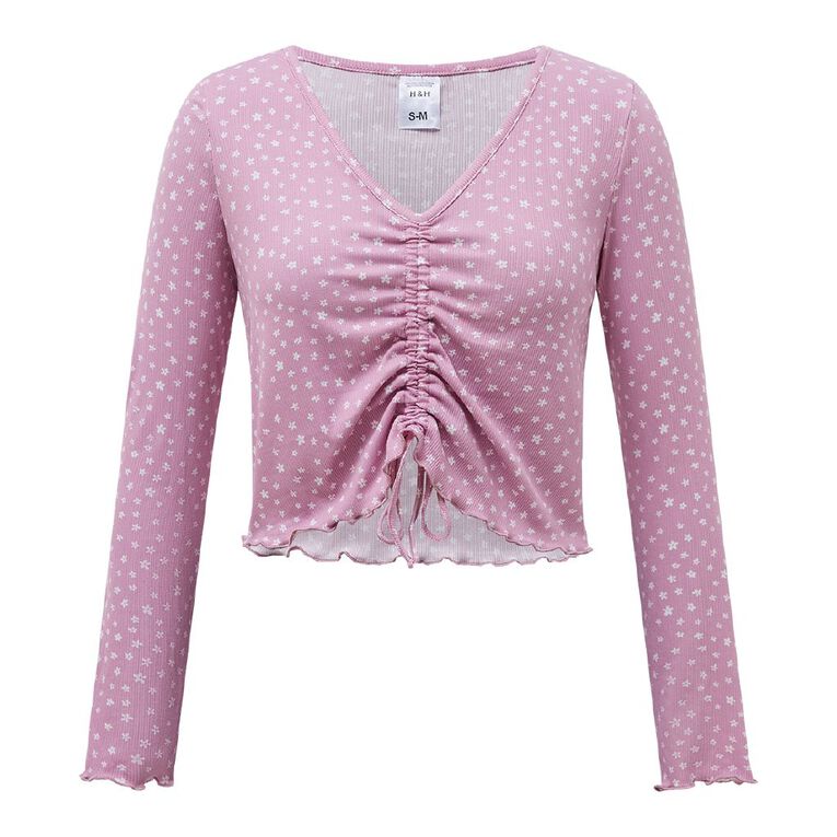 H&H Women's Gathered Rib Pyjama Top, Purple Mid, hi-res