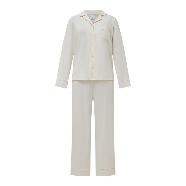 H&H Women's Comfy Button Up Long Sleeve Pyjama Set, Cream, hi-res