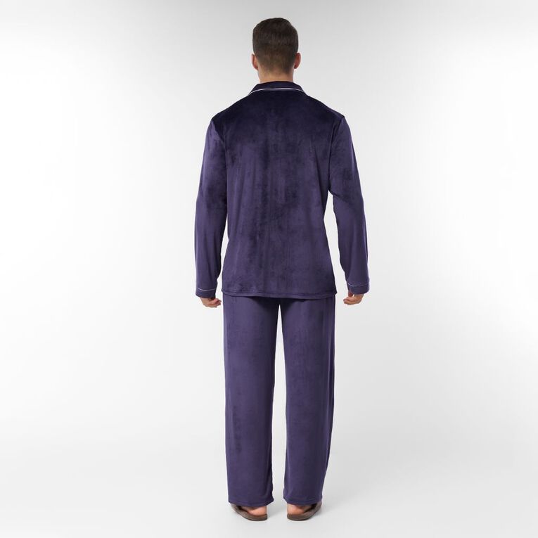 H&H Men's Soft Mink Button Up Pyjama Set, Blue Dark, hi-res