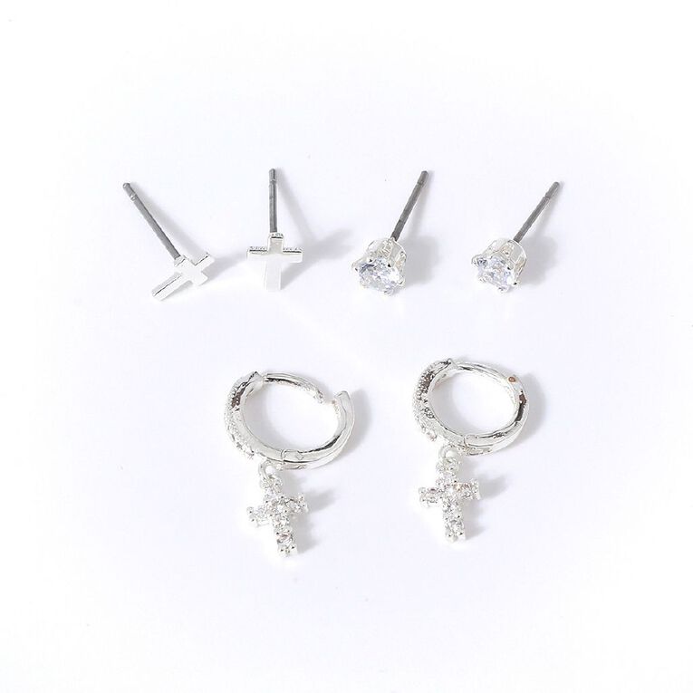 Silver Plated Cross CZ Earrings 3 Pairs, , hi-res
