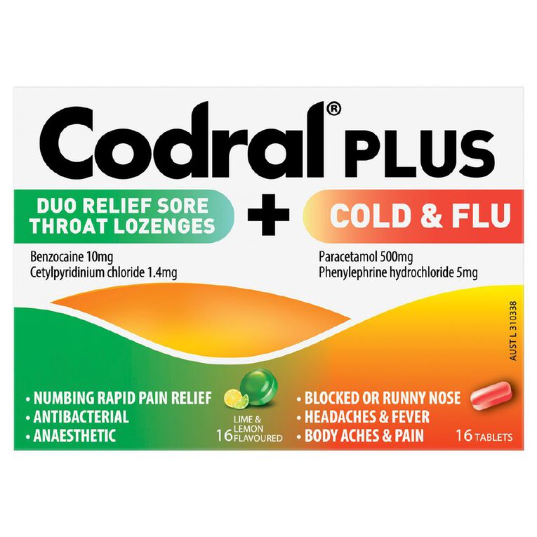 Codral Plus Cold And Flu 16s + Sore Throat Lozenges 16s Kit, , hi-res
