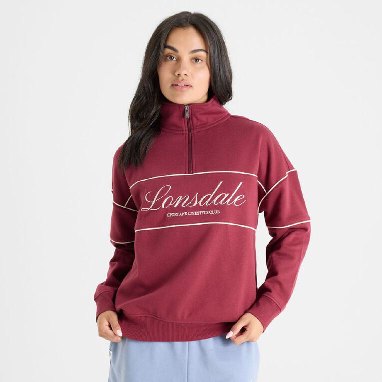 Lonsdale Women's Piped Boxy Quarter Zip Sweatshirt, Red Dark, hi-res