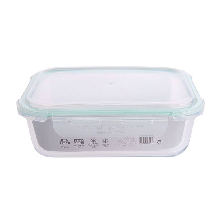 Living & Co Glass Container with Clips Rectangle Clear 1.2L, , hi-res