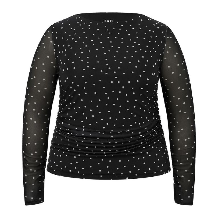 H&H Curve Women's Long Sleeve Ruched Mesh Knit Top, Black/White, hi-res