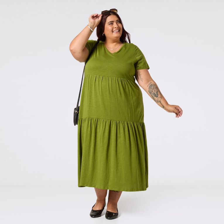 H&H Curve Women's Short Sleeve Slub Tier Midi Dress, Green Mid, hi-res