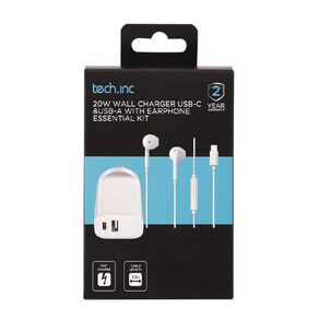 Tech.Inc Wall Charger with Earphone Essential Kit