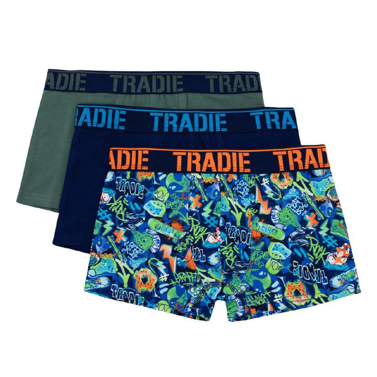 Tradie Boys' Trunks 3 Pack, Navy/Green, hi-res