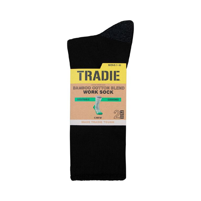 Tradie Men's Bamboo Rib Crew Socks 2 Pack, Black, hi-res