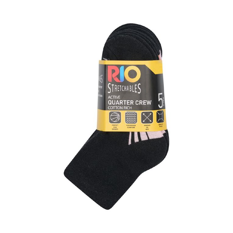Rio Kids' Quarter Crew Stretch Socks 5 Pack, Black, hi-res