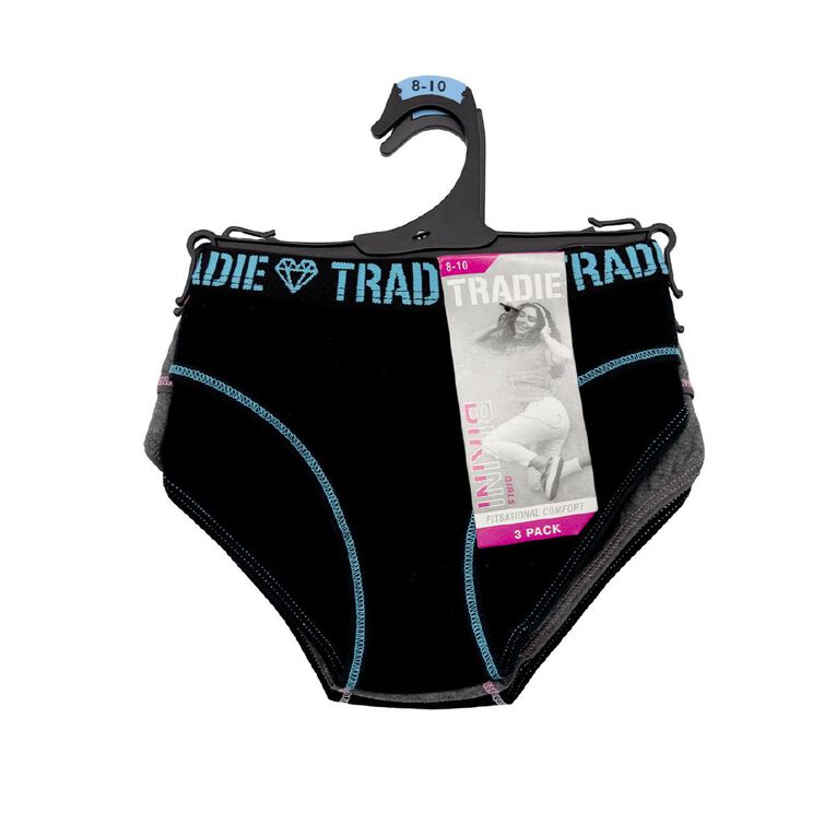Tradie Girls' Bikini Briefs 3 Pack, Black W26 RHYTM, hi-res