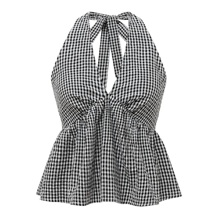 H&H Women's Tie Frill Halter Top, Black/White, hi-res