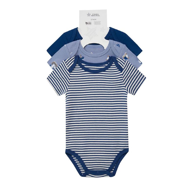 Young Original Babies' Short Sleeve Printed Bodysuit 3 Pack, Blue Light, hi-res