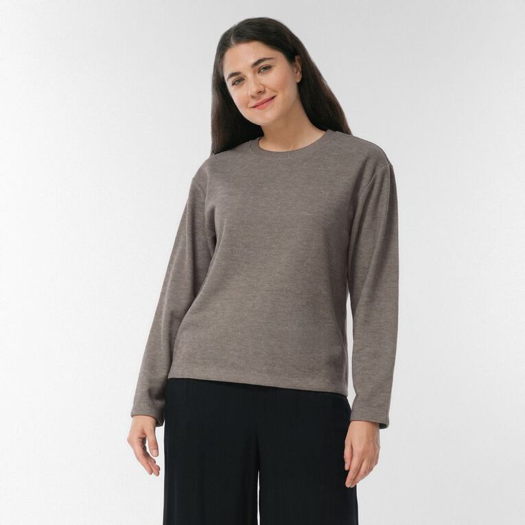 H&H Women's Long Sleeve Brushed Crew Neck Top, Grey Mid, hi-res