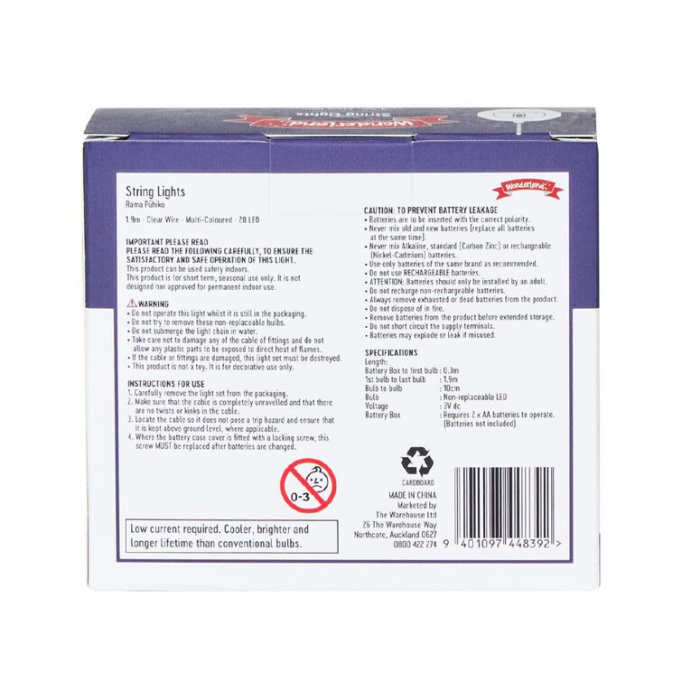 Wonderland Battery String Lights 1.9m Multi-coloured 20 LED, , hi-res