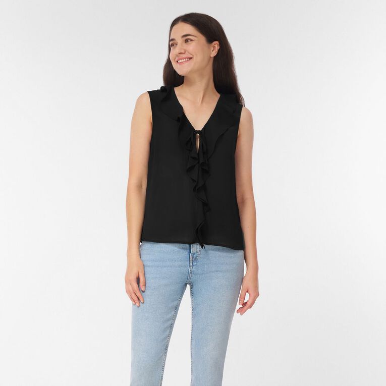 H&H Women's Sleeveless Frill Front Tank, Black, hi-res