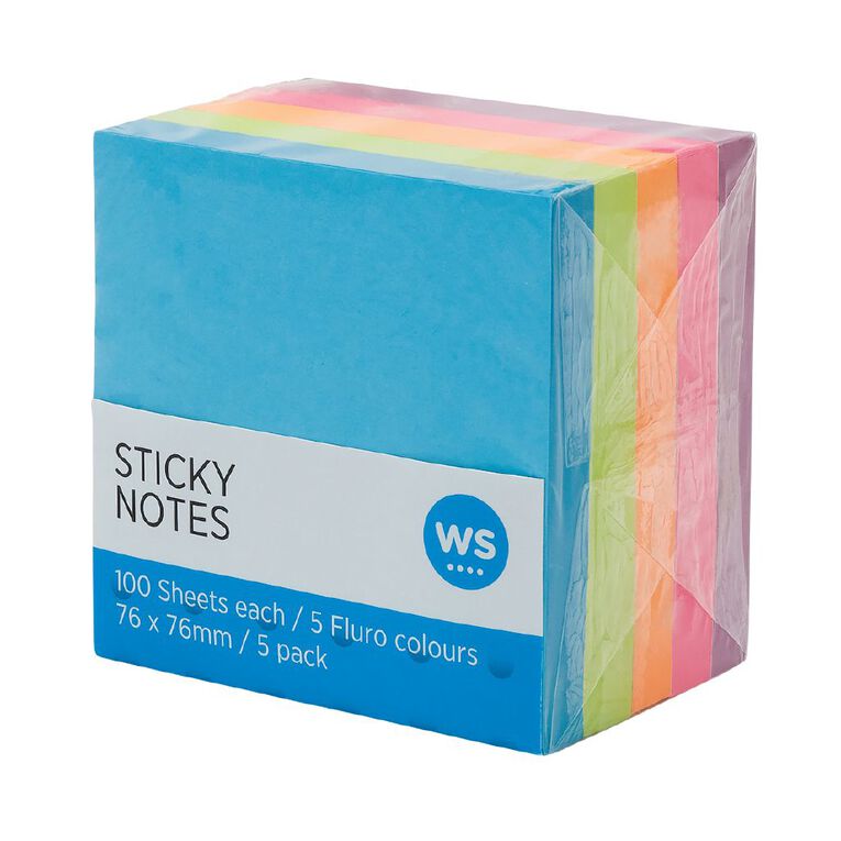 WS Sticky Notes 76mm x 76mm 100 Sheet 5 Pack Multi-Coloured, , hi-res