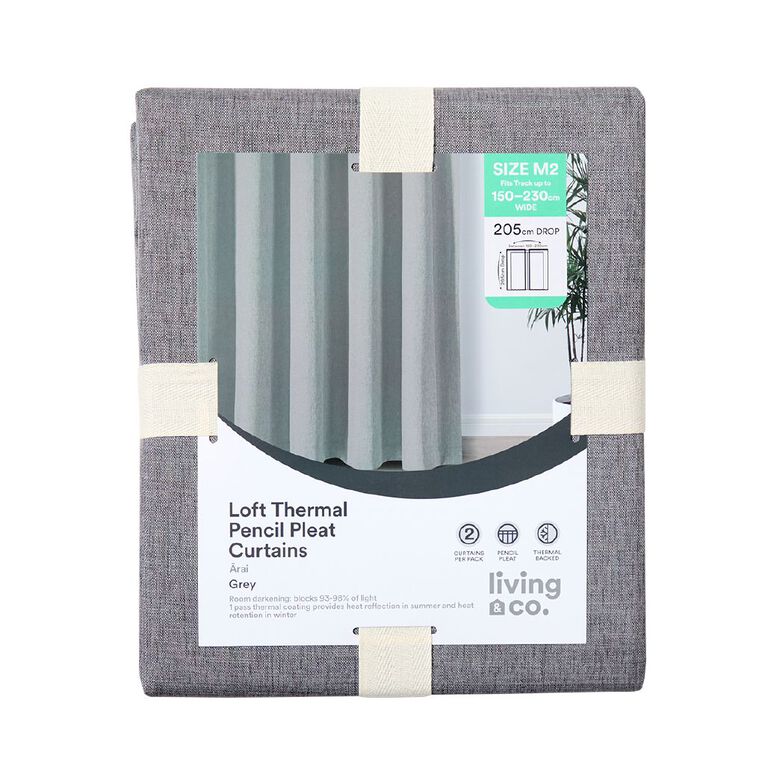 Living & Co Loft Curtains Grey 150-230cm Wide/205cm Drop, , hi-res