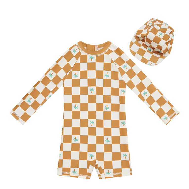 Young Original Toddler 2 Piece Rash Suit and Hat Set, Brown Mid, hi-res