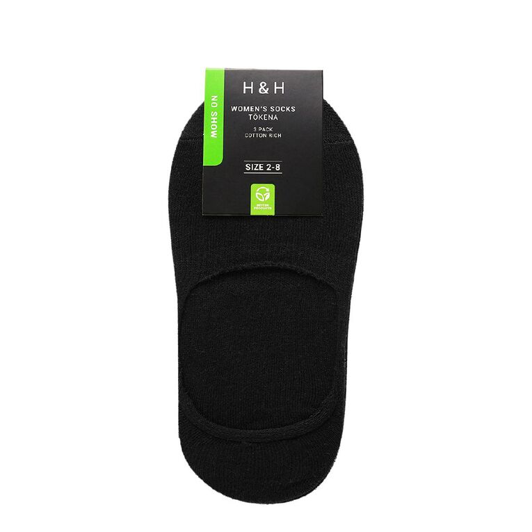 H&H Women's No Show Socks 3 Pack, Black, hi-res