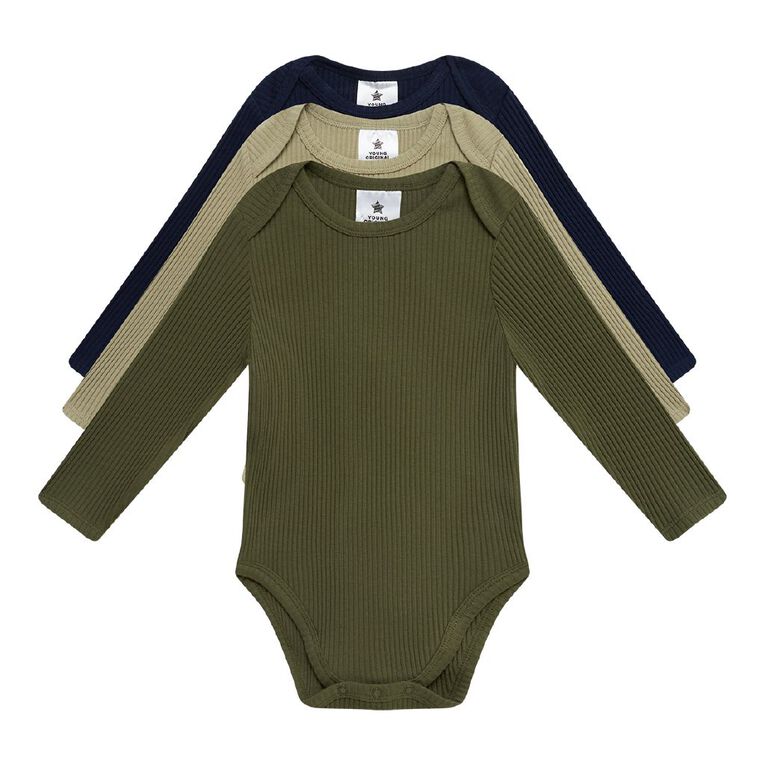 Young Original Babies' Long Sleeve Rib Bodysuit 3 Pack, Green Dark, hi-res
