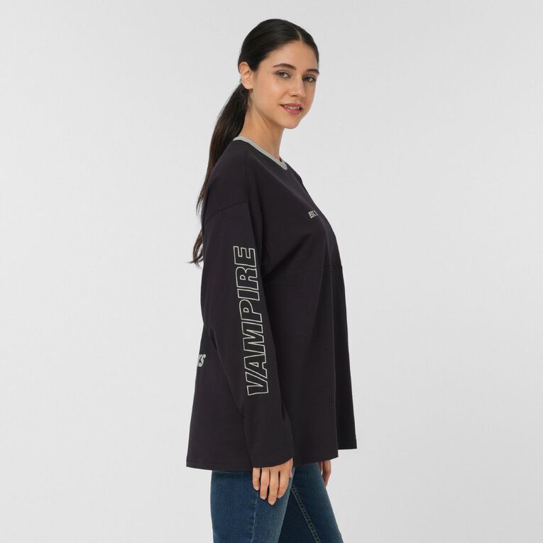 Warner Bros. Women's Long Sleeve Vampire Dairies Damon Top, Black, hi-res