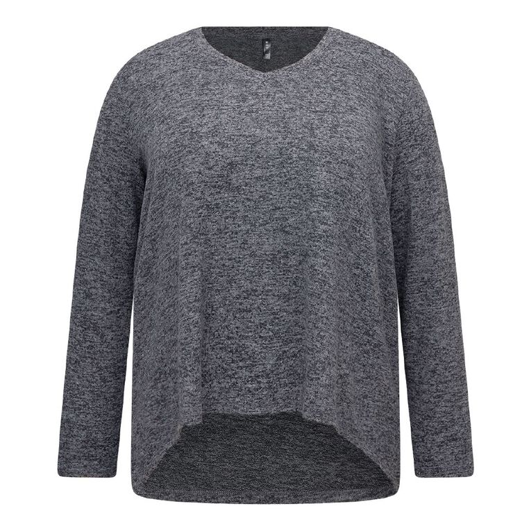 H&H Plus Women's Long Sleeve Brushed V-Neck Swing Top, Grey Dark, hi-res