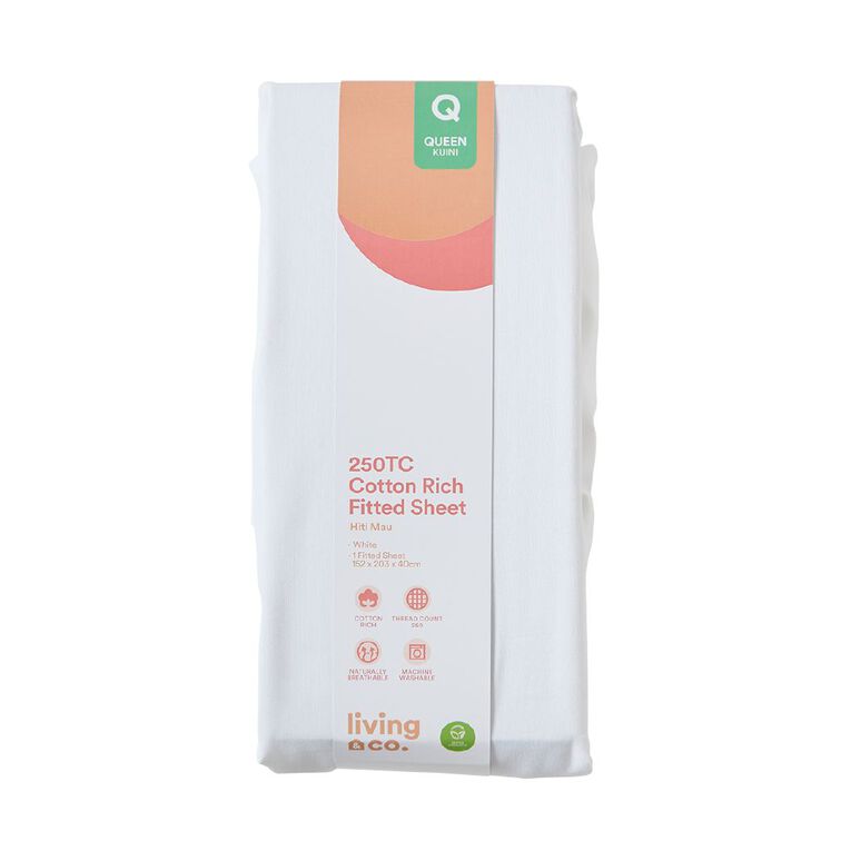 Living & Co Fitted Sheet 250TC White King, White, hi-res
