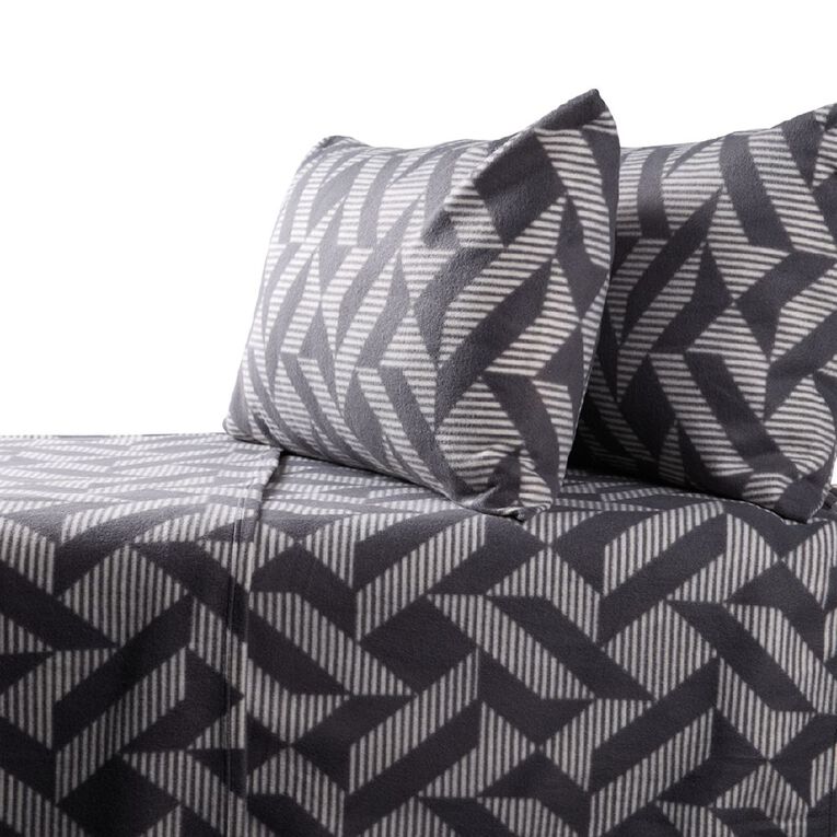 Living & Co Polar Flannel Printed Sheet Set Grey Single, , hi-res
