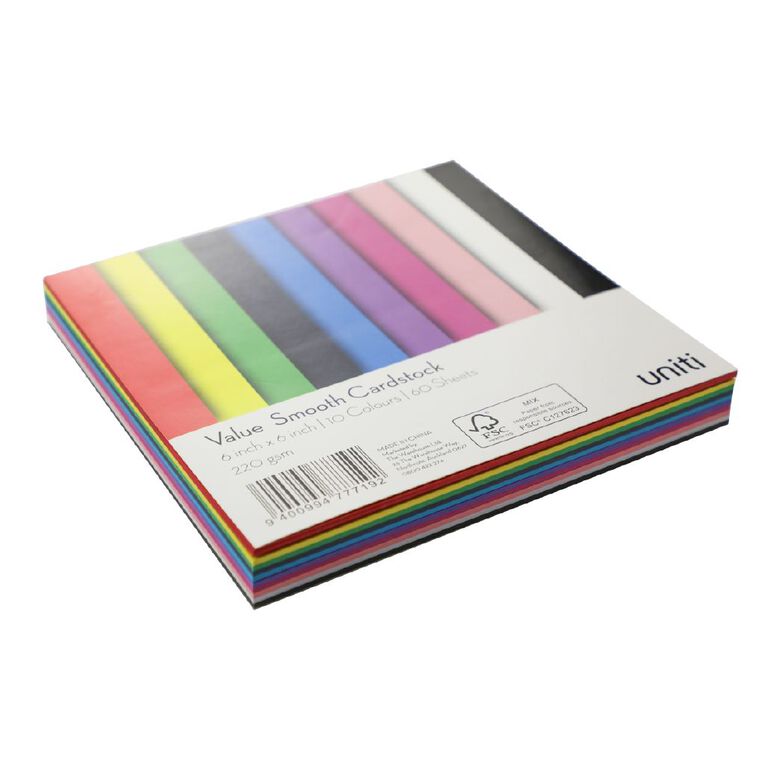 Uniti Value Cardstock Smooth 220gsm Bright's 60 Sheets 6in x 6in, , hi-res
