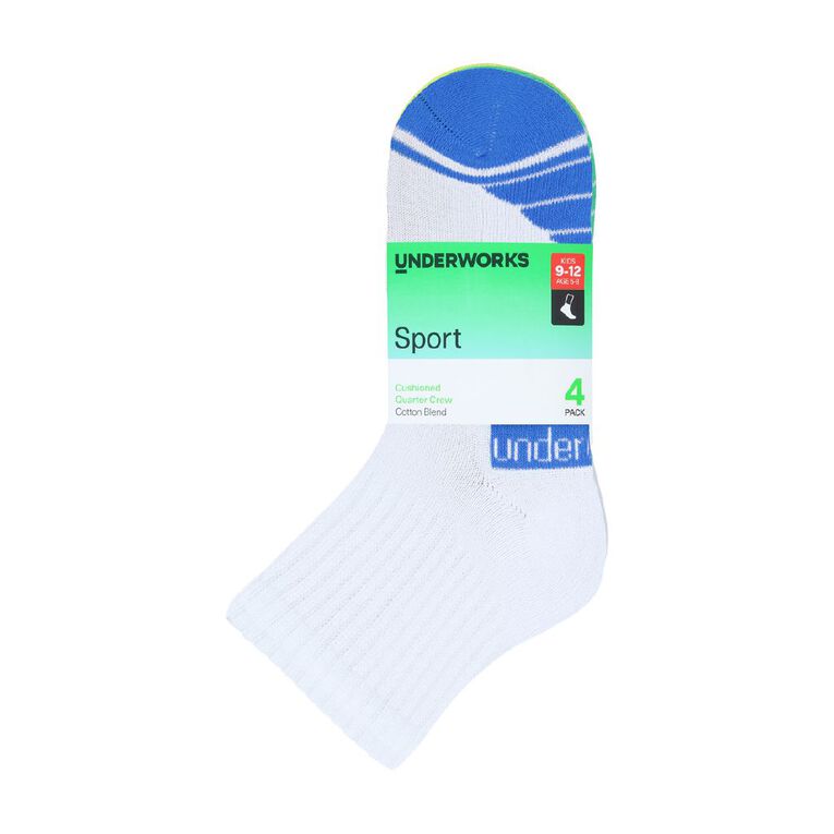 Underworks Kids' Quarter Crew Sport Socks 4 Pack, White, hi-res
