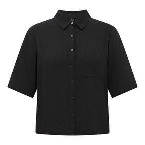 H&H Women's Short Sleeve Cropped Linen Blend Shirt