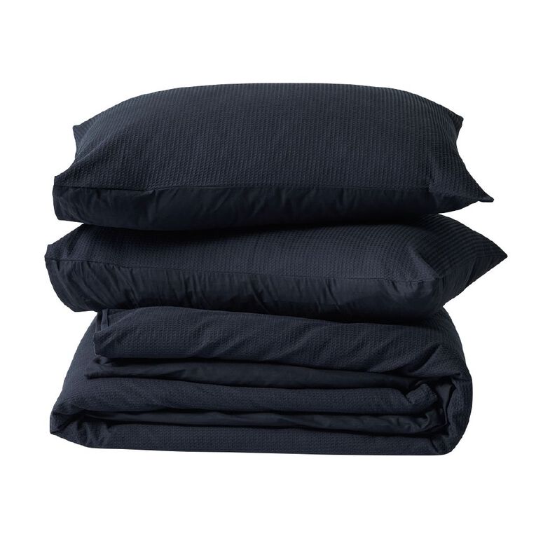 Living & Co Duvet Cover Set Luxury Waffle Black Super King, Black, hi-res