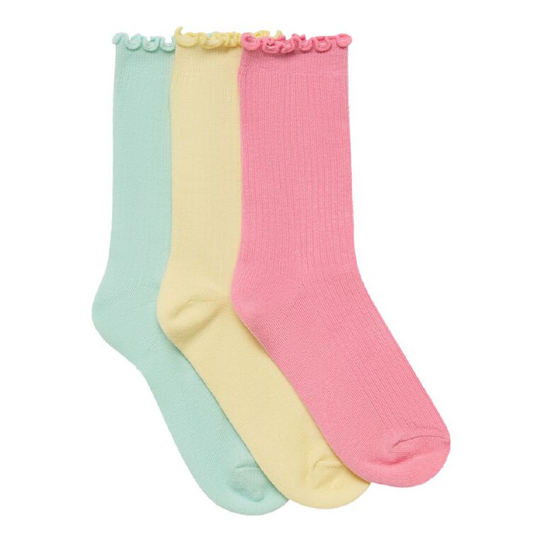 H&H Girls' Ribbed Frill Crew Socks 3 Pack, Pink Mid, hi-res