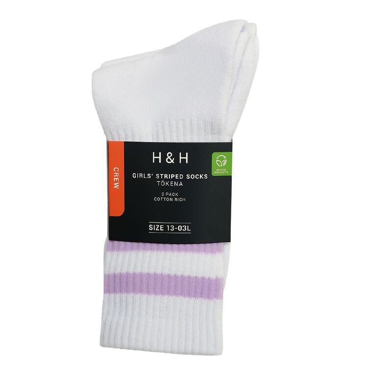 H&H Girls' Striped Crew Socks 3 Pack, Purple Dark, hi-res