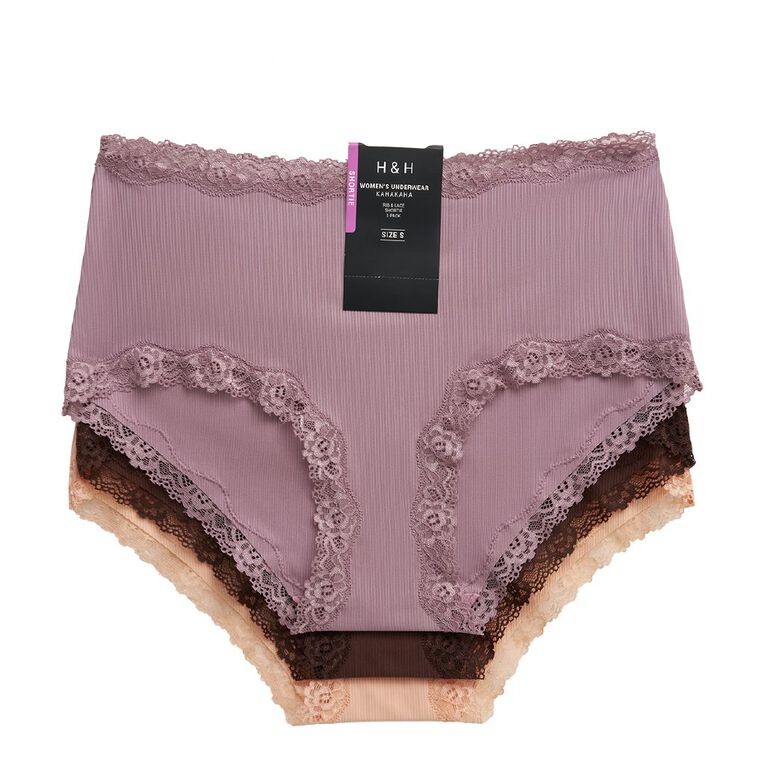 H&H Women's Rib And Lace Shortie Briefs 3 Pack, Brown Dark, hi-res