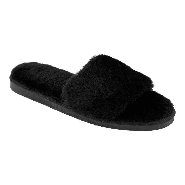 H&H Women's Fluffy Strap Slide Slippers Black The Warehouse