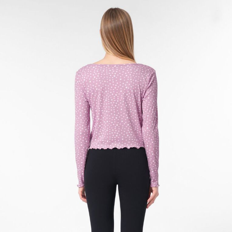 H&H Women's Gathered Rib Pyjama Top, Purple Mid, hi-res