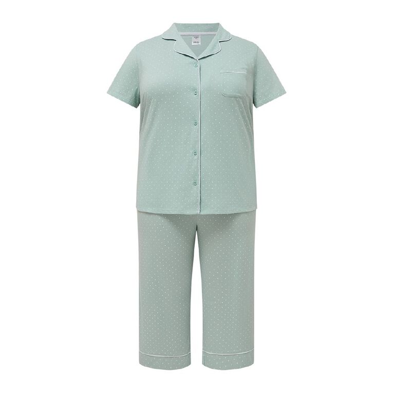 H&H Women's Plus Button Up Cropped Pyjama Set, Blue Light, hi-res