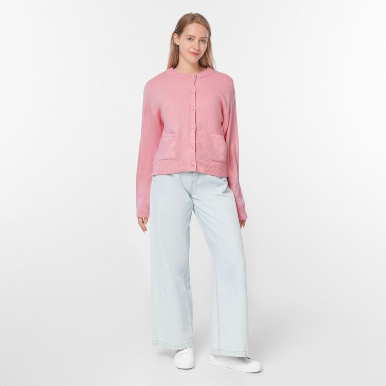 H&H Women's Chunky Button Crew Cardigan, Pink Light, hi-res