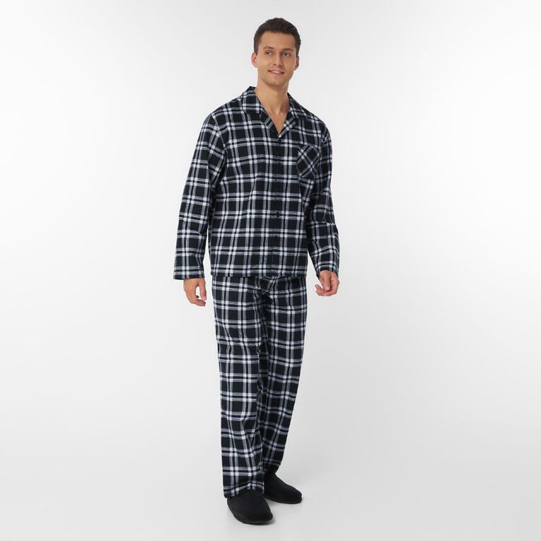 H&H Men's Button Up Flanelette Pyjama Set, Black, hi-res