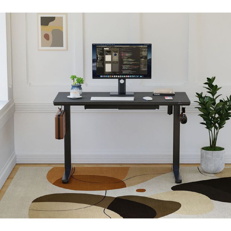 Workspace Height Adjustable Desk 1200W with Drawer Frosted Glass Black, , hi-res