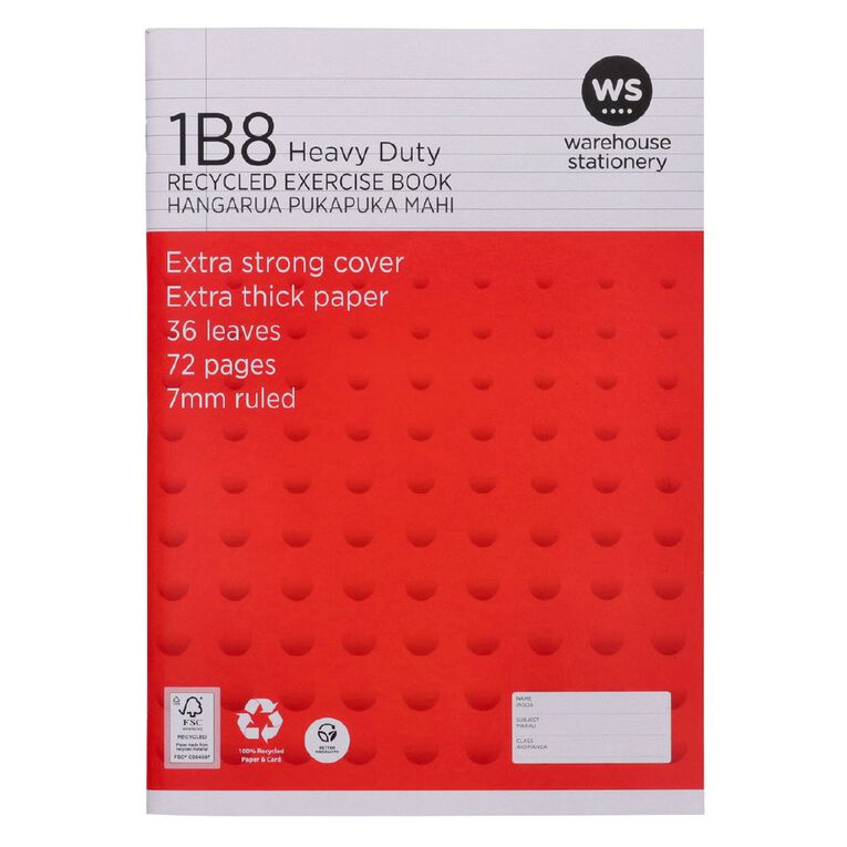 WS Exercise Book 1B8 7mm Ruled 36 Leaf Heavy Duty, , hi-res