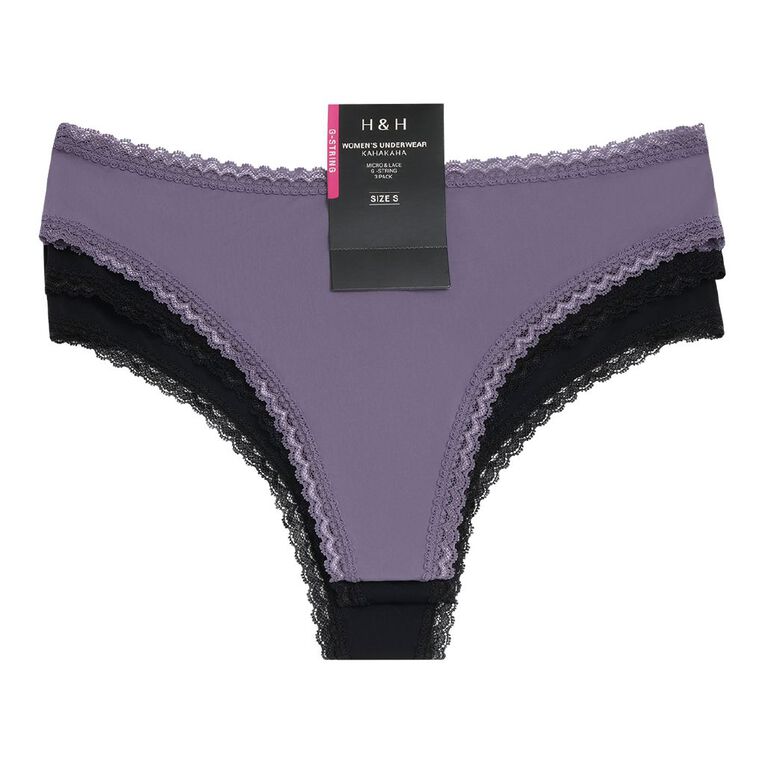 H&H Women's Micro and Lace G-String Briefs 3 Pack, Purple Mid, hi-res